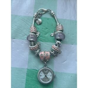 Figaro Silver Tone Pink And Purple Charms Women’s Quartz Bracelet Watch